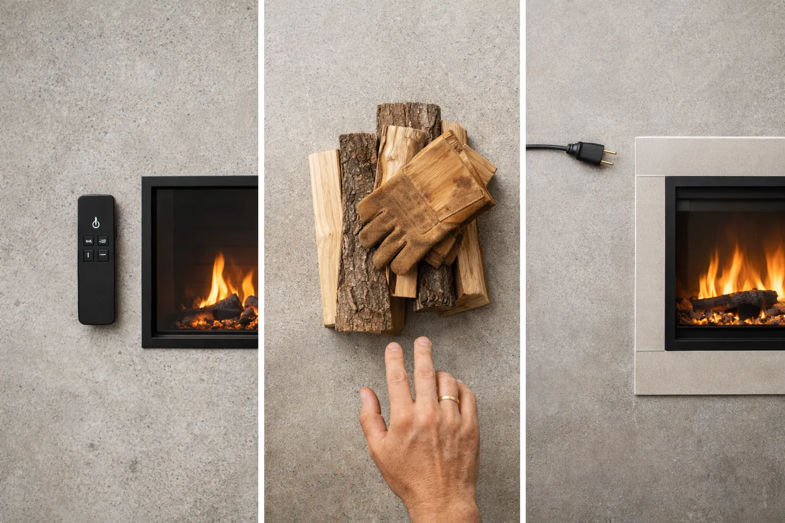Side-by-side comparison of a wood-burning and gas fireplace