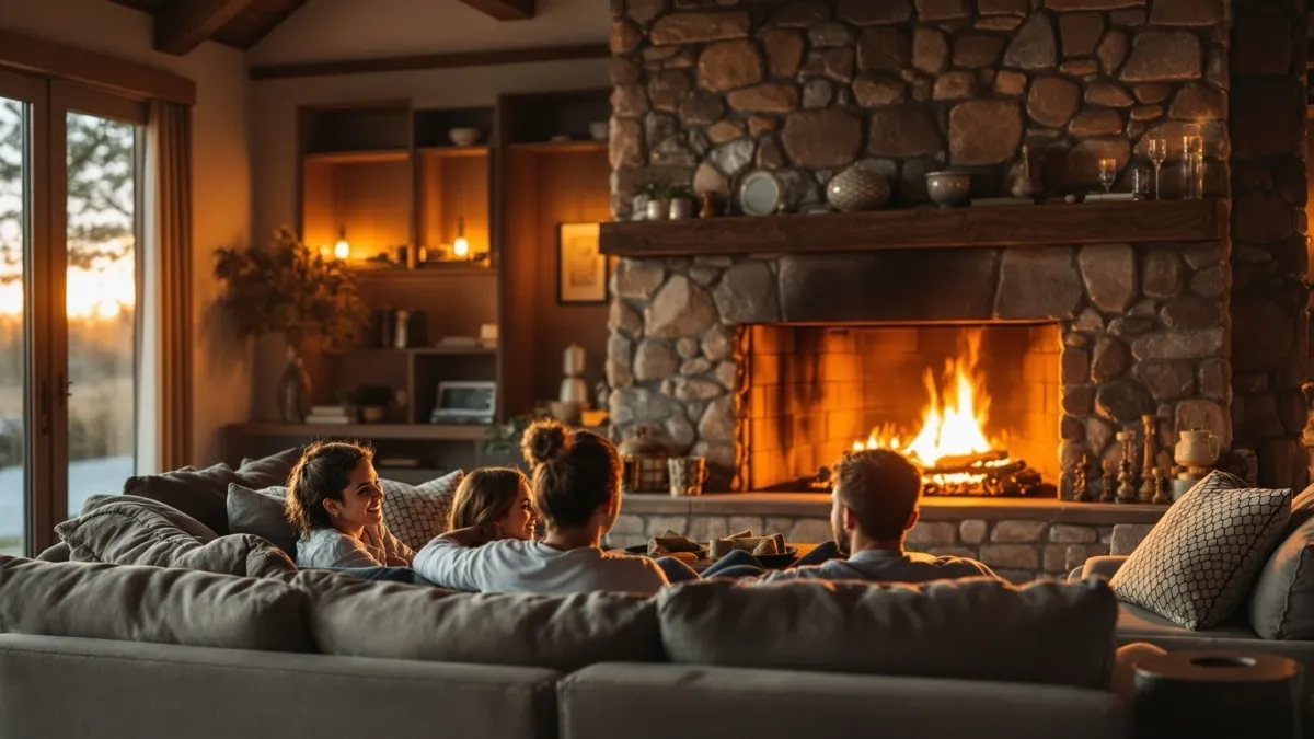 Family relaxing in front of a newly installed fireplace
