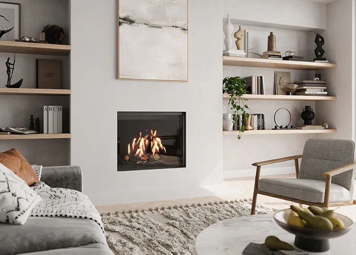 Camina & Schmid Lina G42 gas fireplace set into a white wall in a bright, modern living room