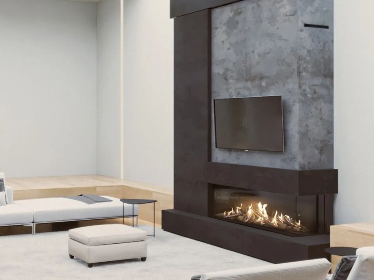 Camina & Schmid gas fireplace with a tall dark surround and a wall-mounted TV in a bright, modern living room