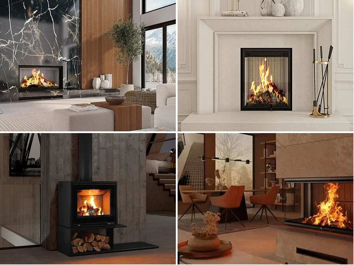 Four Ambiance LUXUS wood-burning fireplaces and stoves with guillotine doors in contemporary rooms