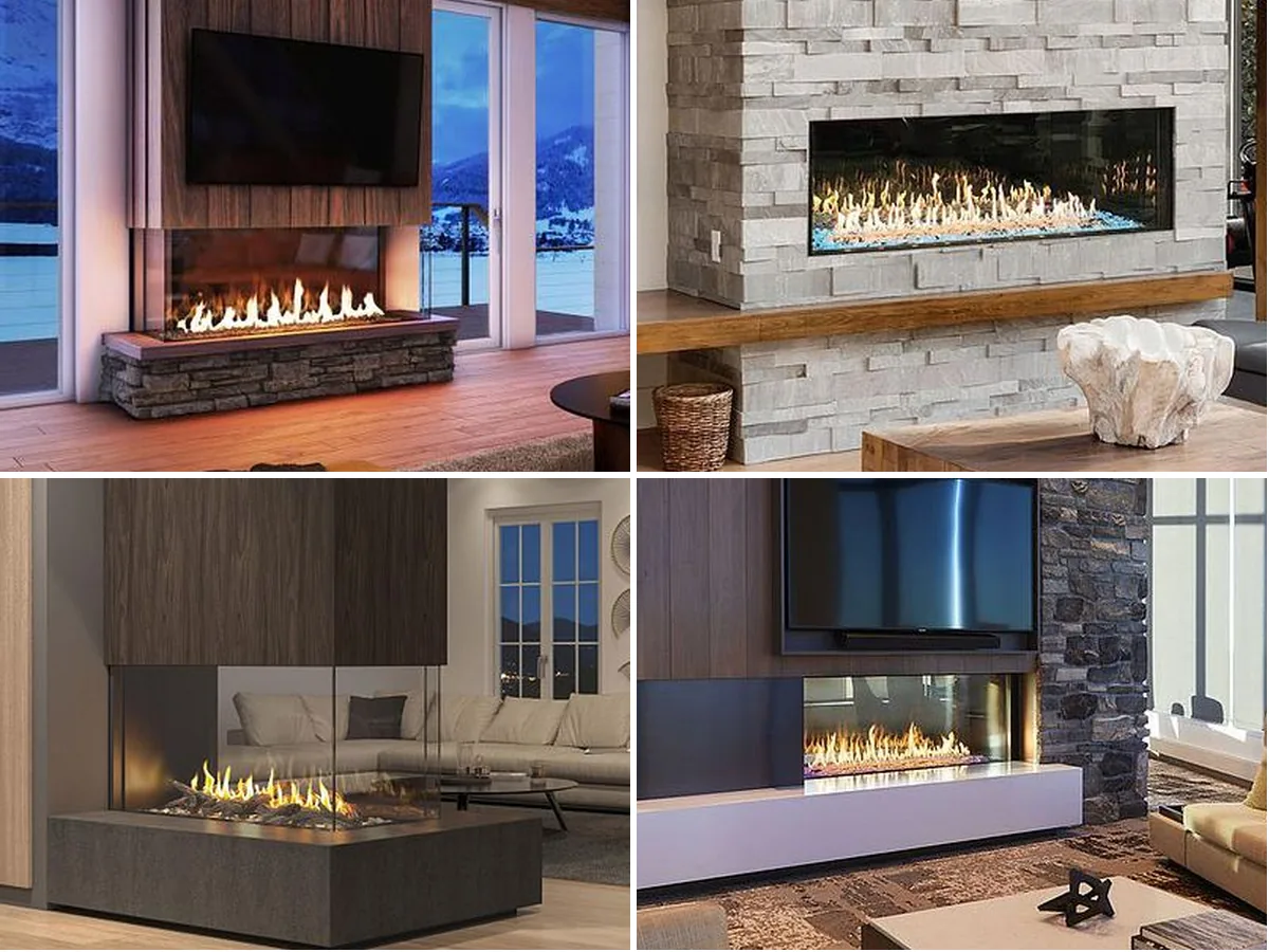 Four Stellar cool-touch glass fireplaces: linear, corner, pier, and four-sided installations