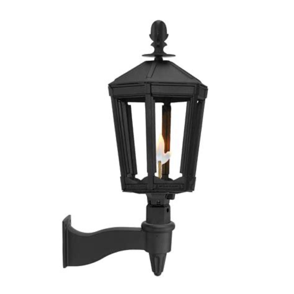 American Gas Lamp Works Cavalier copper lamp on a brick wall — view 2