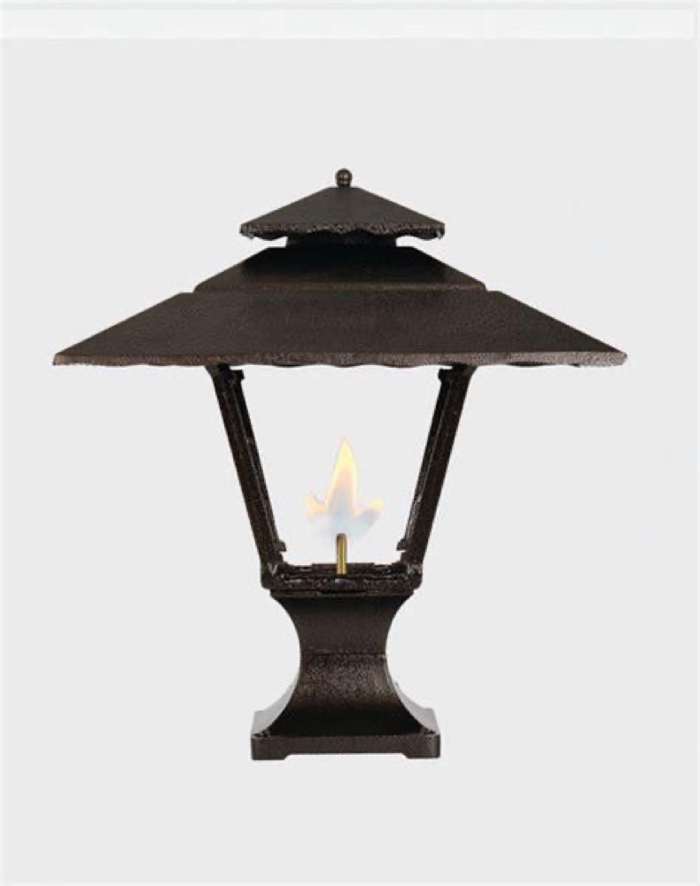 American Gas Lamp Works Cavalier copper lamp on a brick wall — view 3