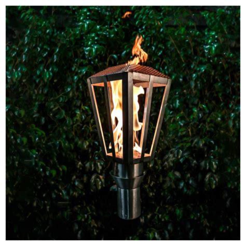 The Outdoor Plus gas lamp and lantern on a stone post — view 3