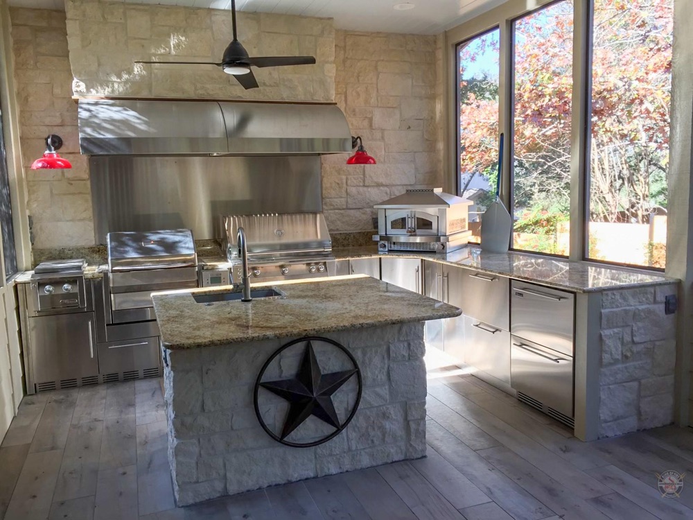 Alfresco ALXE built-in gas grill in a stainless outdoor kitchen island — view 2