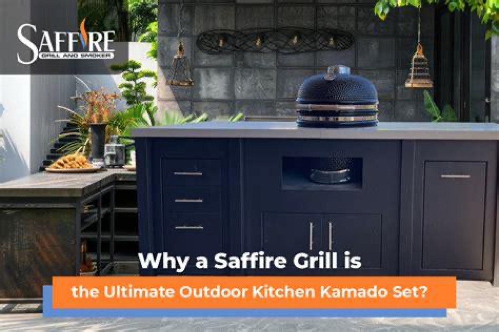 Saffire ceramic kamado grill in a custom outdoor kitchen island