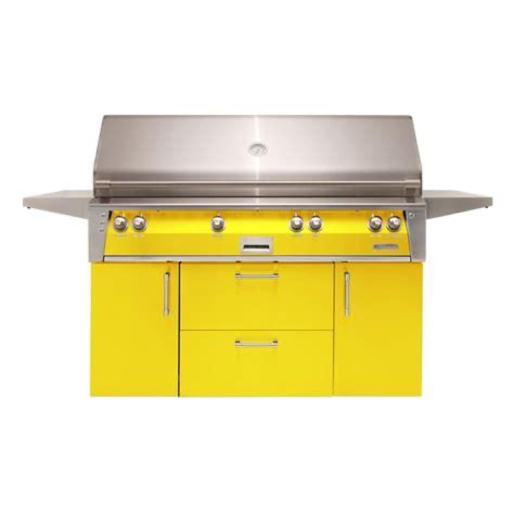 Alfresco ALXE gas grill on a stainless rolling cart — view 2