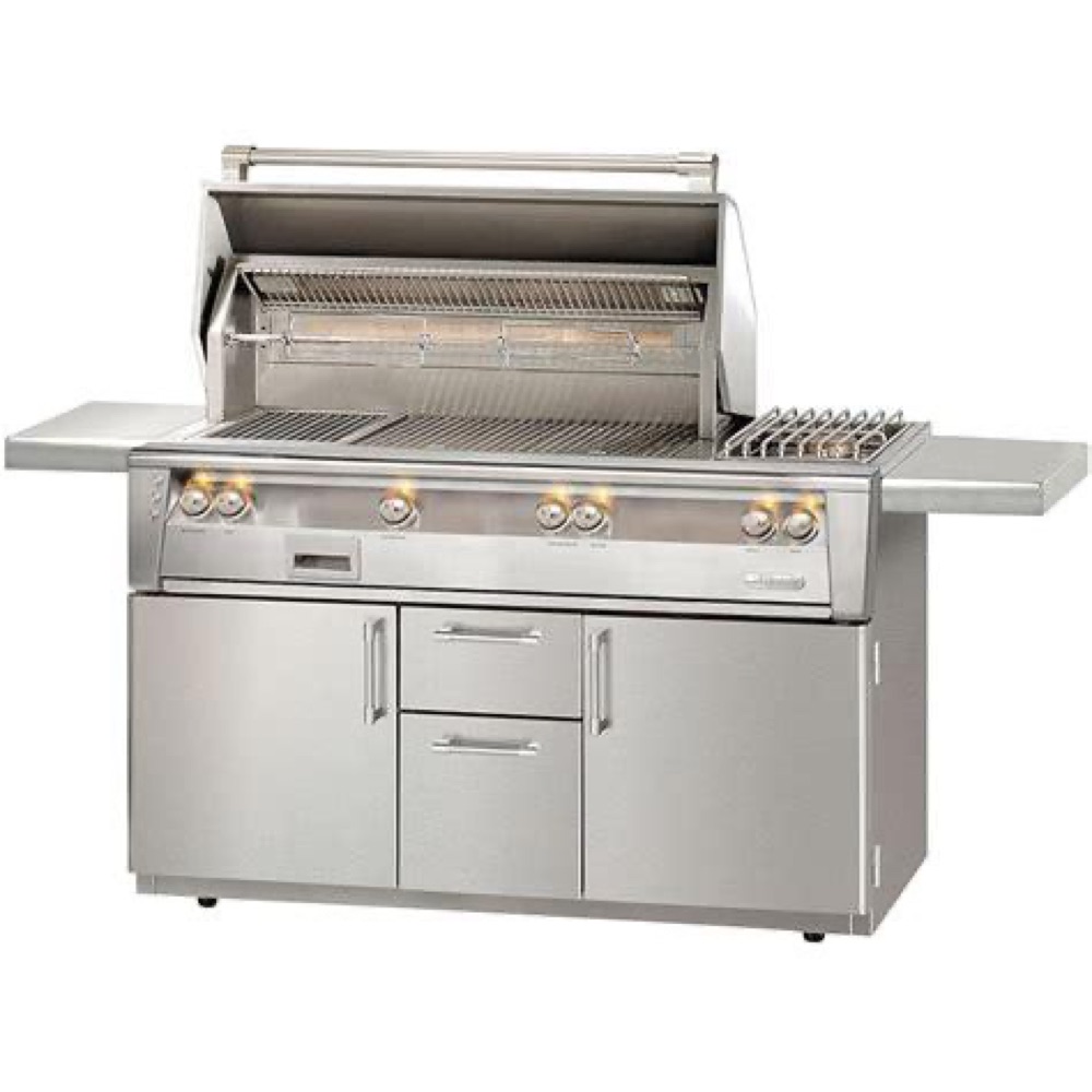 Alfresco ALXE gas grill on a stainless rolling cart