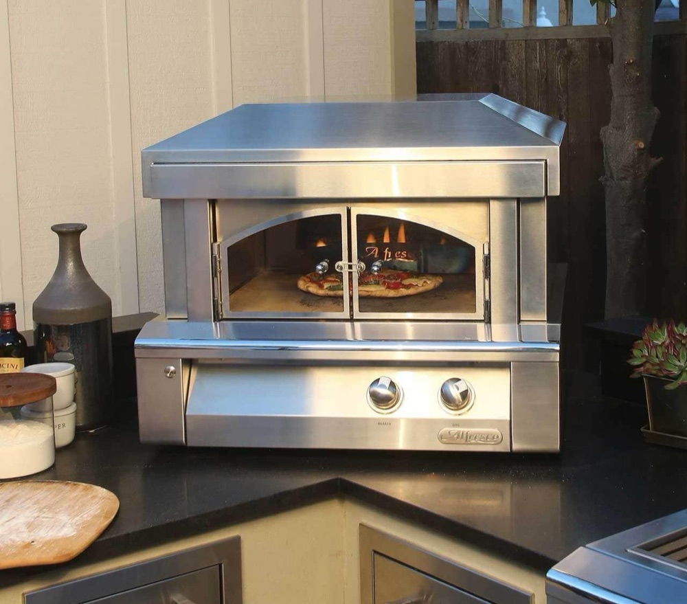 Alfresco built-in gas pizza oven in a stainless outdoor kitchen — view 2