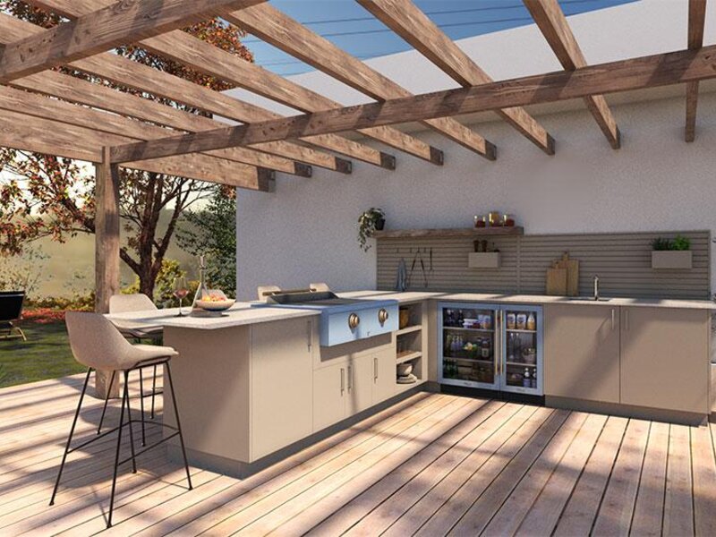 Urban Bonfire custom outdoor kitchen island with bar seating — view 2