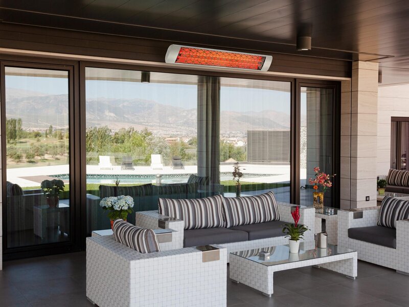 Eurofase electric infrared heaters over a poolside patio — view 3