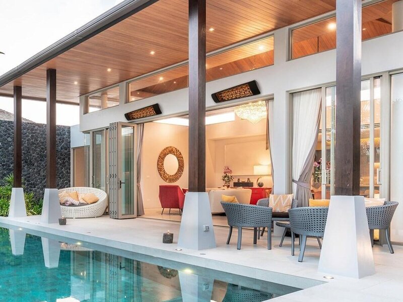 Eurofase electric infrared heaters over a poolside patio
