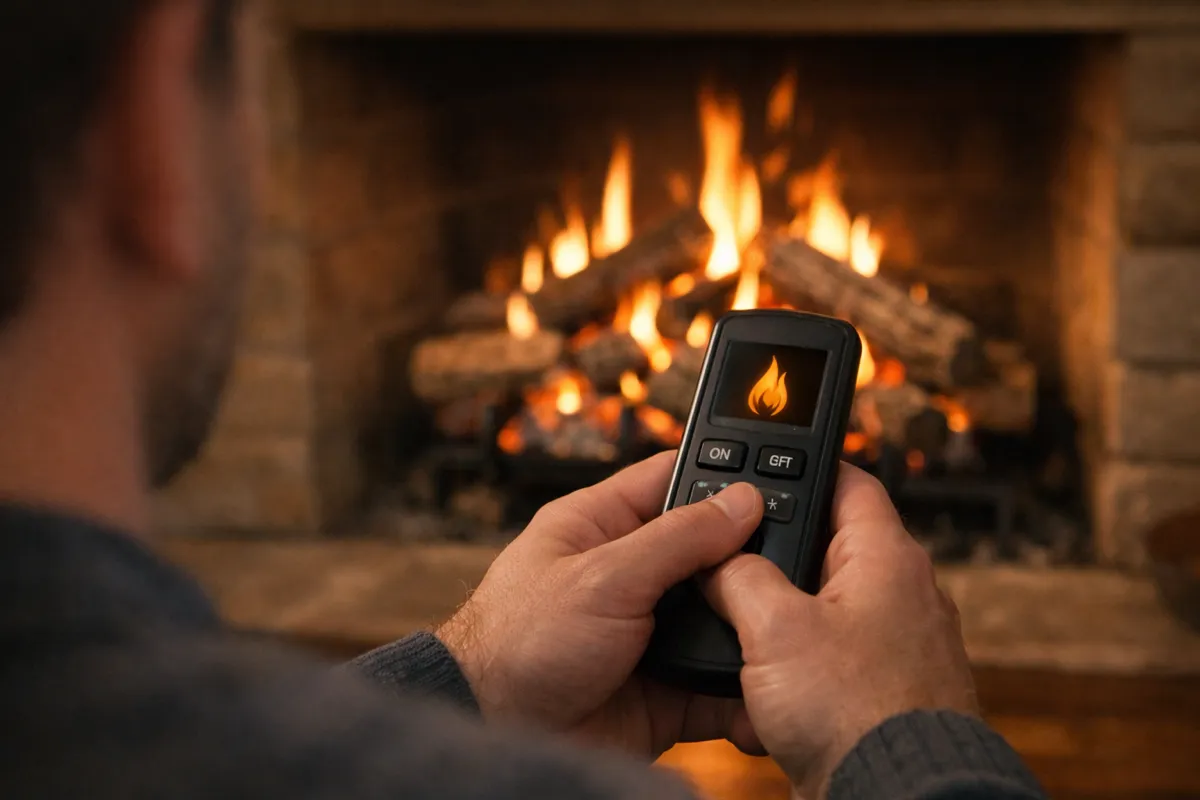 Man using a fireplace remote to light gas logs in an open masonry fireplace