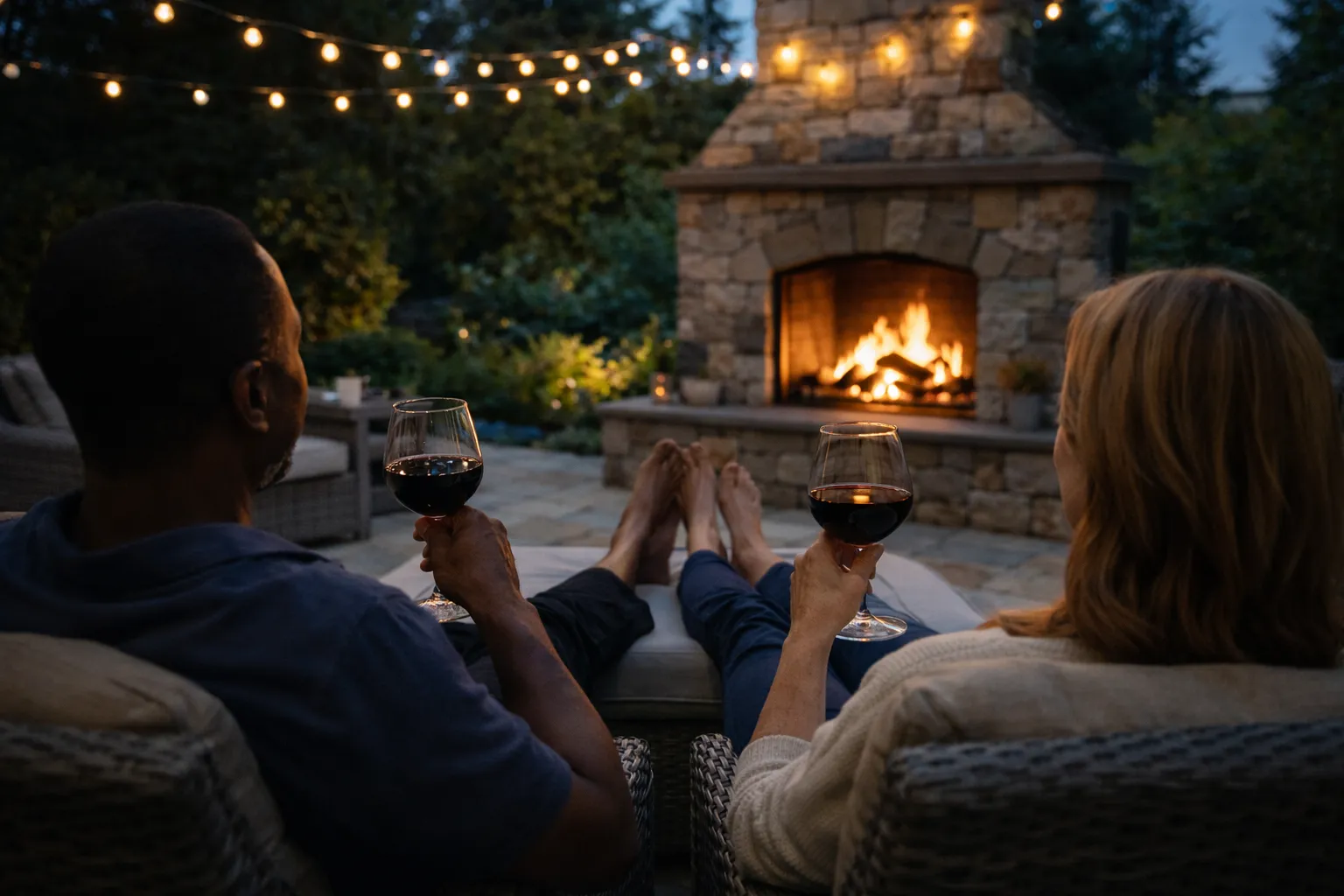 Couple relaxing on a patio at dusk with wine glasses, facing an outdoor stone fireplace with string lights overhead