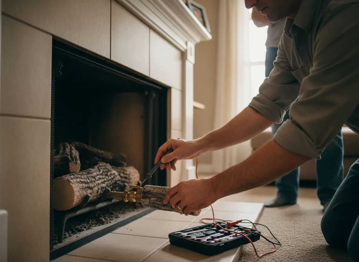 Service technician's hands working inside a gas fireplace firebox with professional tools