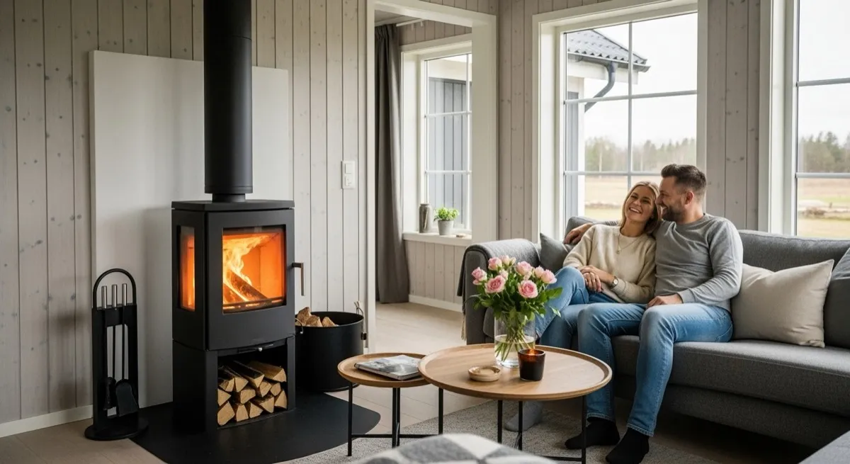 Couple relaxing on a sofa beside a modern freestanding wood stove in a bright, contemporary living room