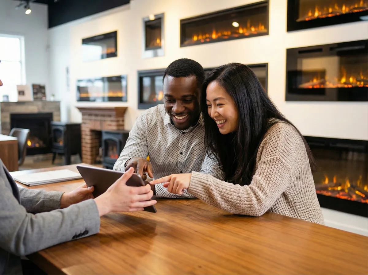 Young couple at a showroom consultation desk reviewing a tablet with a salesperson, lit fireplace displays behind them